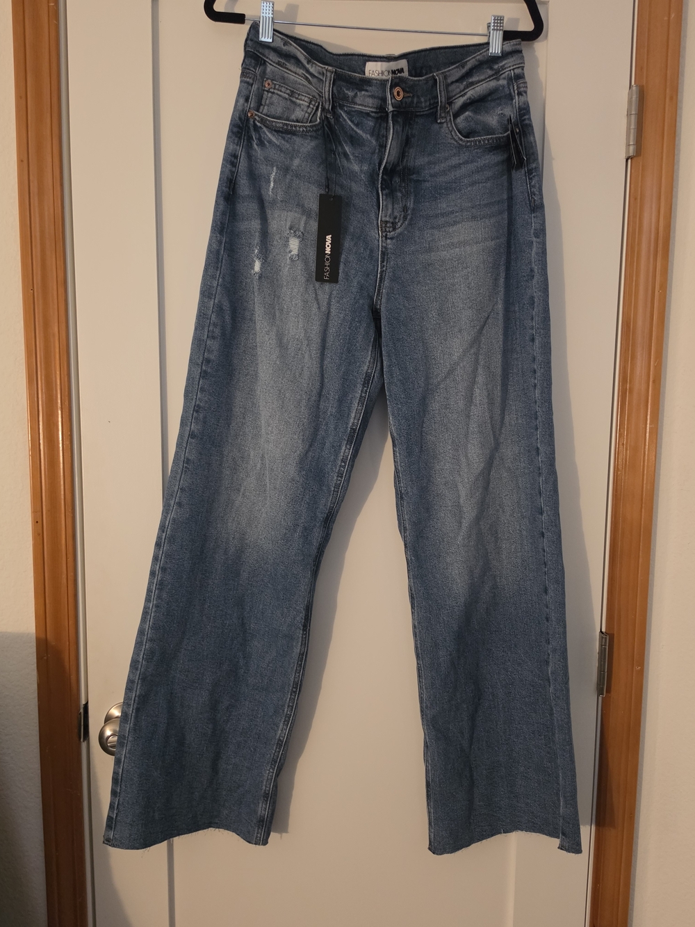 Fashion Nova Blue Wide Leg Jeans - Distressed High Rise